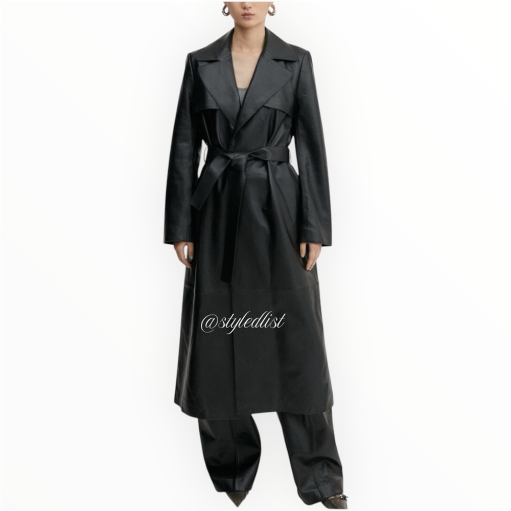 Mango 100% Leather Trench Coat Black M NWT